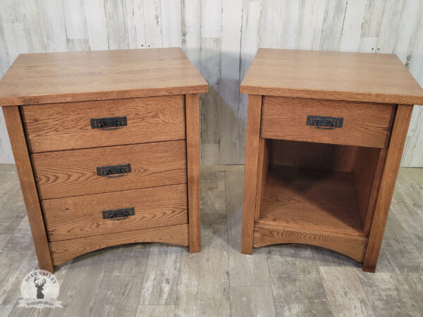 Walnut stained white oak hardwood end tables, one with a singe drawer and open shelving and the other with three drawers, both with an arched lower rail.