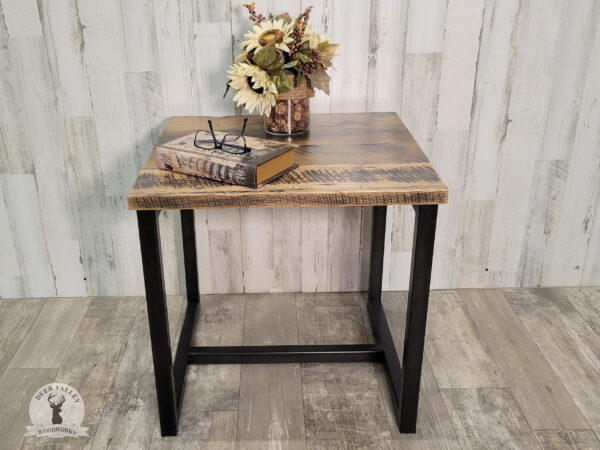 Rustic authentic barnwood end table with a square barnwood tabletop on blackened welded steel frame and legs.