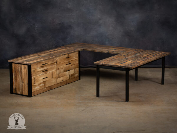 Rustic barnwood U-shaped desk, featuring a huge workspace, six drawer credenza and antique blackened welded steel frame.