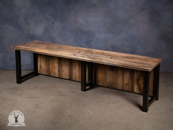 Industrial barnwood straight desk with an extra-long and deep reclaimed barnwood desktop on a blackened welded steel frame.