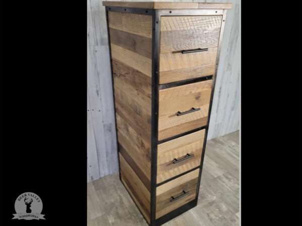 Barnwood office file cabinet with four large drawers with an antiqued blackened steel frame surrounding it.