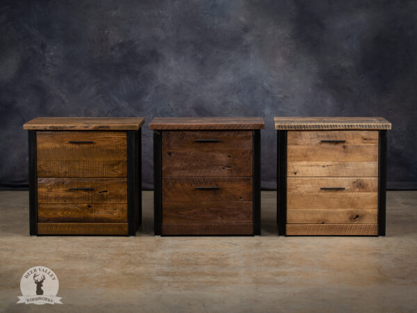 Three of our reclaimed wood file cabinets, highlighting their sturdy construction and showing the different finish options.