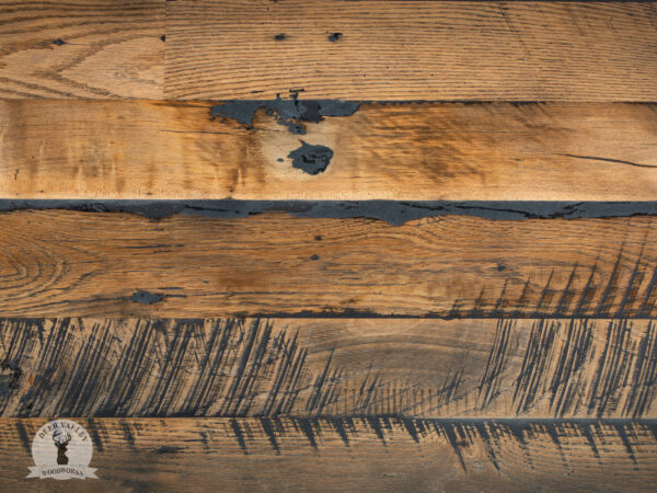 Closeup view of the detailed texture and craftsmanship of our reclaimed wood file cabinet top.