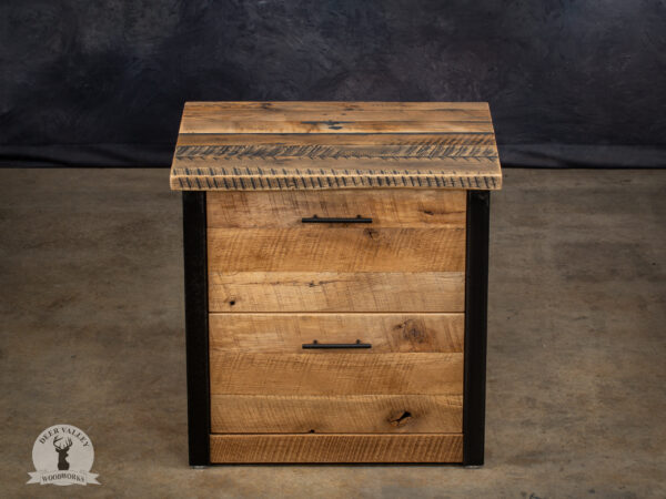 Rustic barnwood two drawer file cabinet with antique blackened welded steel frame.