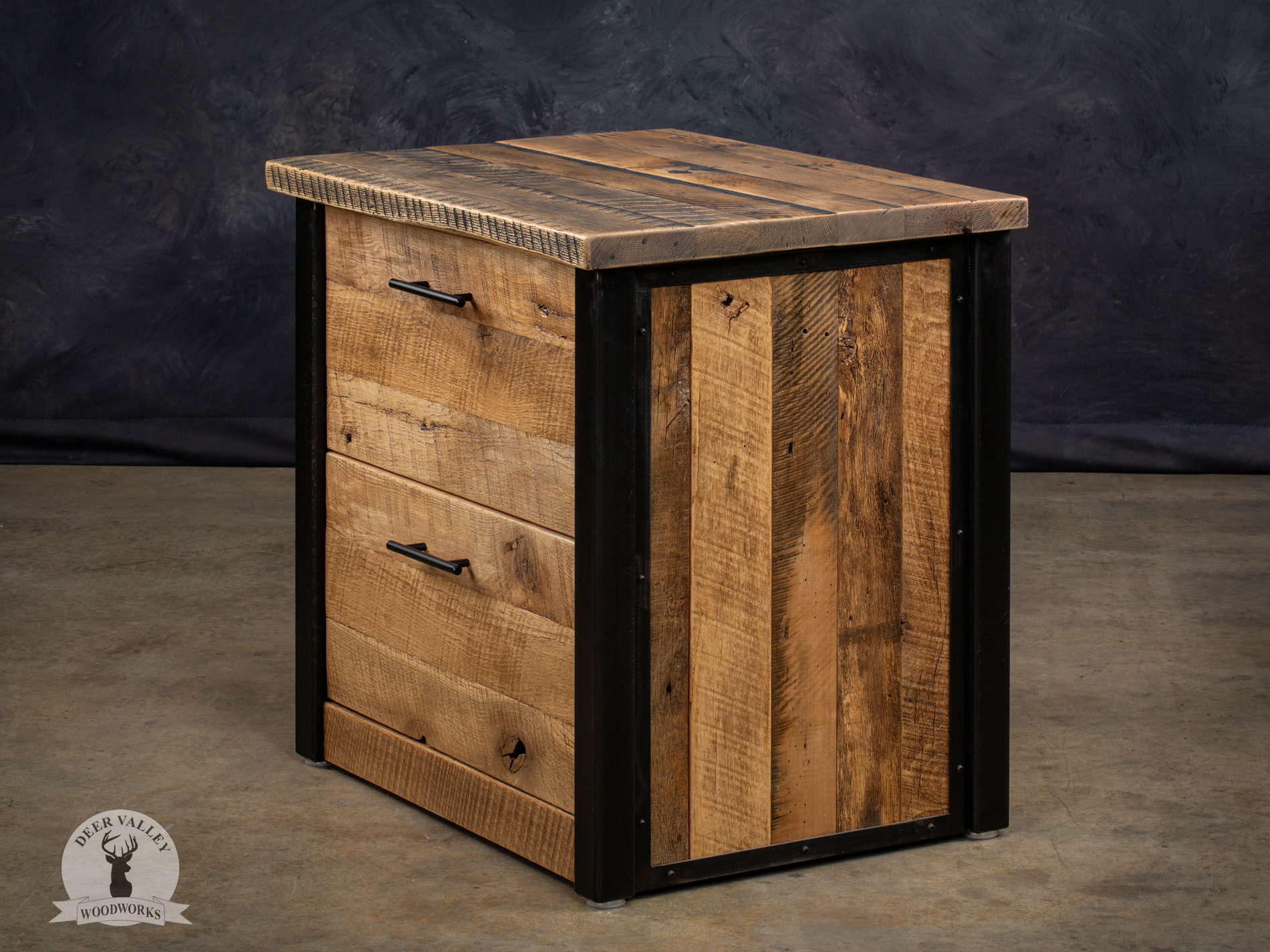 Rustic barnwood two drawer file cabinet with antique blackened welded steel frame.