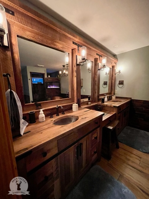 The Asheville Double Sink Barnwood Vanity, With Makeup Area, Wood  Countertop, And Mirror Wall.