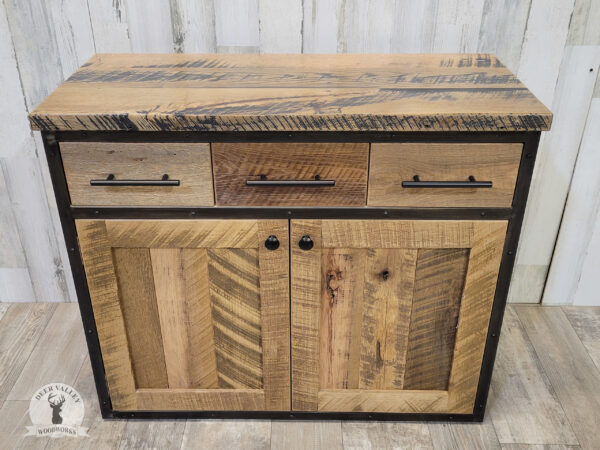 Authentic reclaimed barnwood office credenzas with large top, three drawers and two large barnwood doors with black industrial welded steel legs and frame.