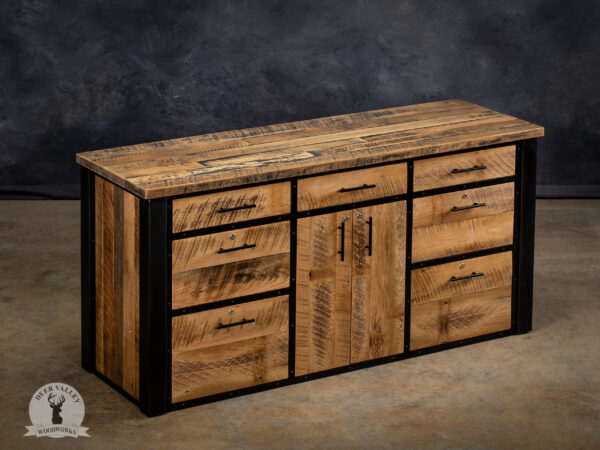 – Rustic reclaimed barnwood credenza with a large barnwood countertop, four file drawers, three storage drawers, a pair of barnwood drawers with a blackened welded steel frame and legs.