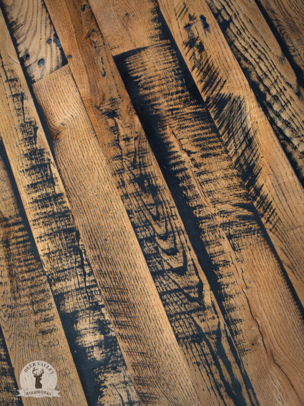 Closeup view of the detailed texture and craftsmanship of our reclaimed wood corner desk.