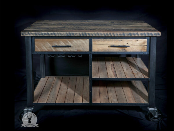 Custom authentic barnwood beverage cart with a large barnwood top, two drawers, three shelves, with an antiqued blackened steel frame and casters.