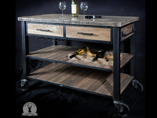 Custom authentic barnwood beverage cart with a large barnwood top, two drawers and two large shelves in an antiqued blackened steel frame and casters.