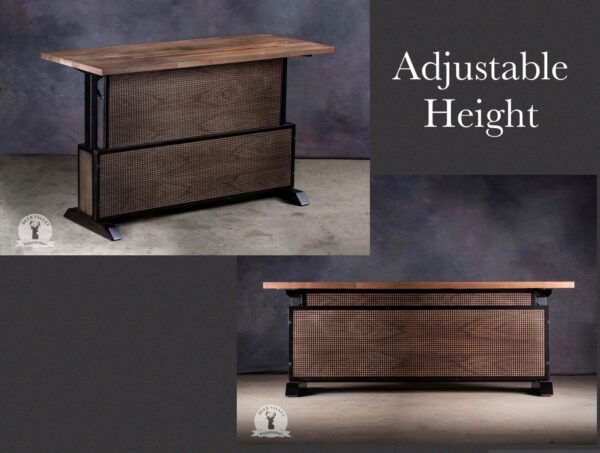 Industrial sit stand desk with stained walnut top and a digital controller mounted underneath, antique blackened front privacy panel and welded steel legs with a metal mesh overlayed onto walnut wood panel base.