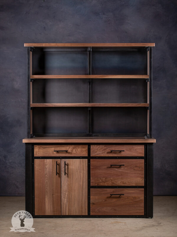 Modern solid walnut hutch with two sections separated by a solid walnut countertop, and upper section with two solid walnut shelves, blackened metal back panel, and a welded blackened metal mesh overlayed onto walnut side panels and the lower section has two regular drawers, two large file drawers and a cabinet with a pair of walnut doors.