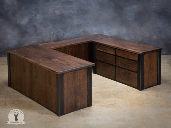 Modern black walnut U-shaped desk with a stained finish showing the rich brown color, massive desktop, six drawer credenza, modesty panels and blackened welded steel frame.