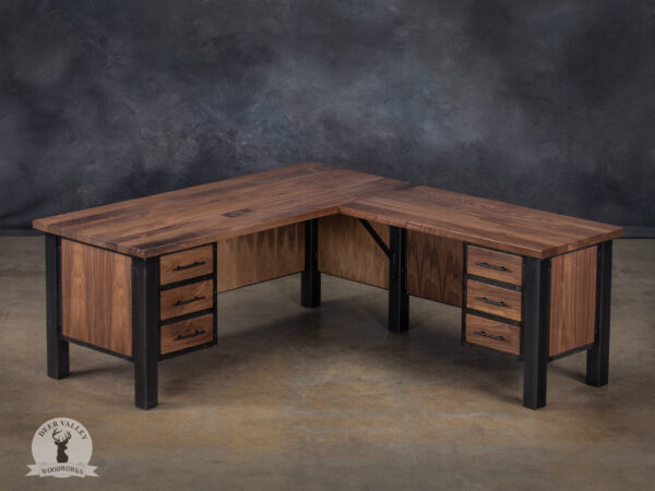 Modern walnut corner desk with a large walnut desktop, dual bank of triple drawers added at both ends, walnut privacy panels and antiqued blackened welded steel legs and framework.