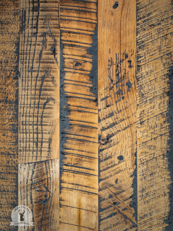 Closeup view of the detailed texture and craftsmanship of our reclaimed wood corner desk