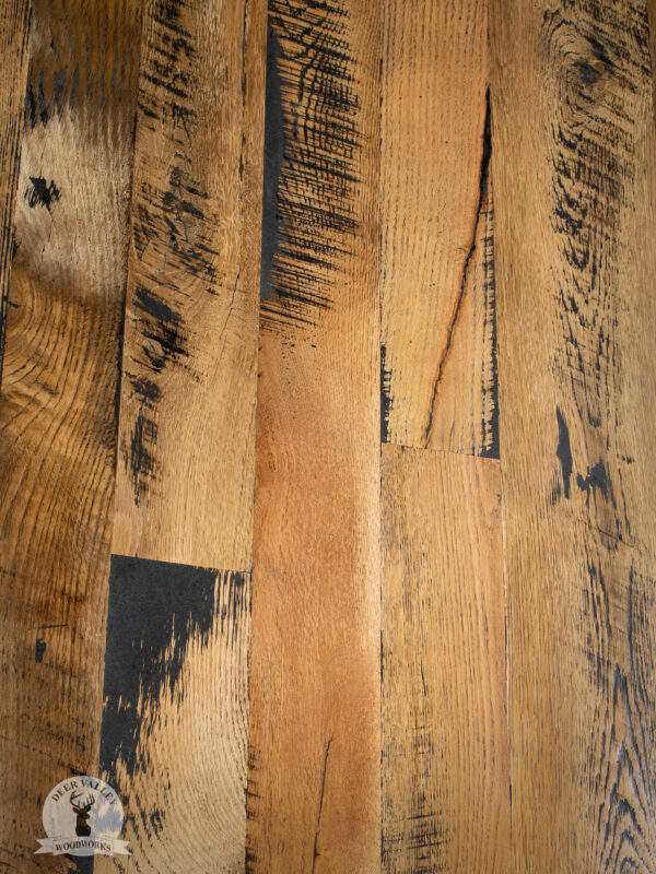 Closeup view of the detailed texture and craftsmanship of our reclaimed wood corner desk