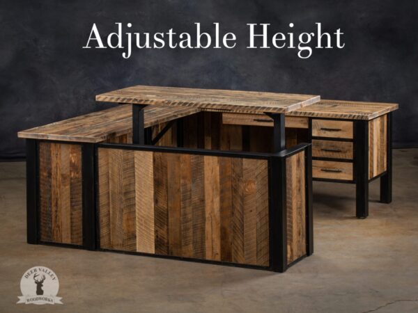 Rustic barnwood U-shaped sit stand desk, featuring a huge workspace, pencil drawer, bank of three drawers, modesty panels and blackened welded steel frame.