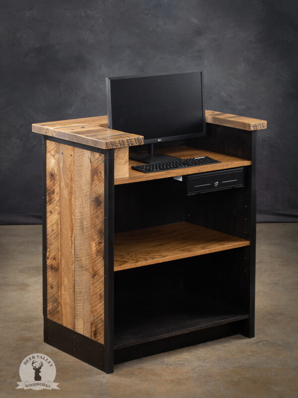 Authentic barnwood cash wrap with counter, cash drawer and two open shelves surrounded by an antique blackened welded steel frame.