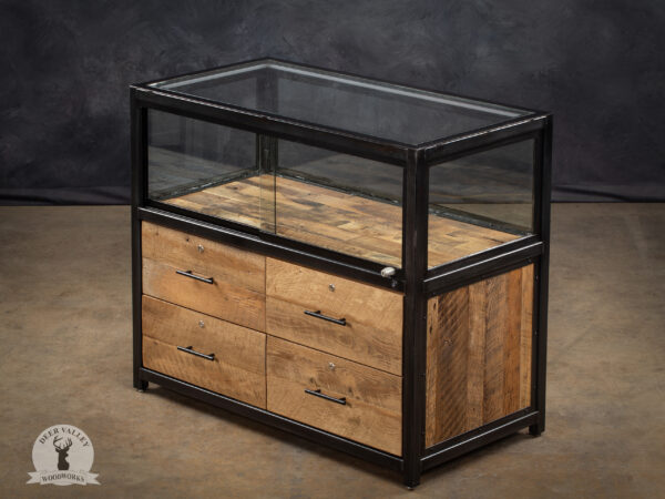 Rustic 4-drawer barnwood and glass display case with a welded steel frame