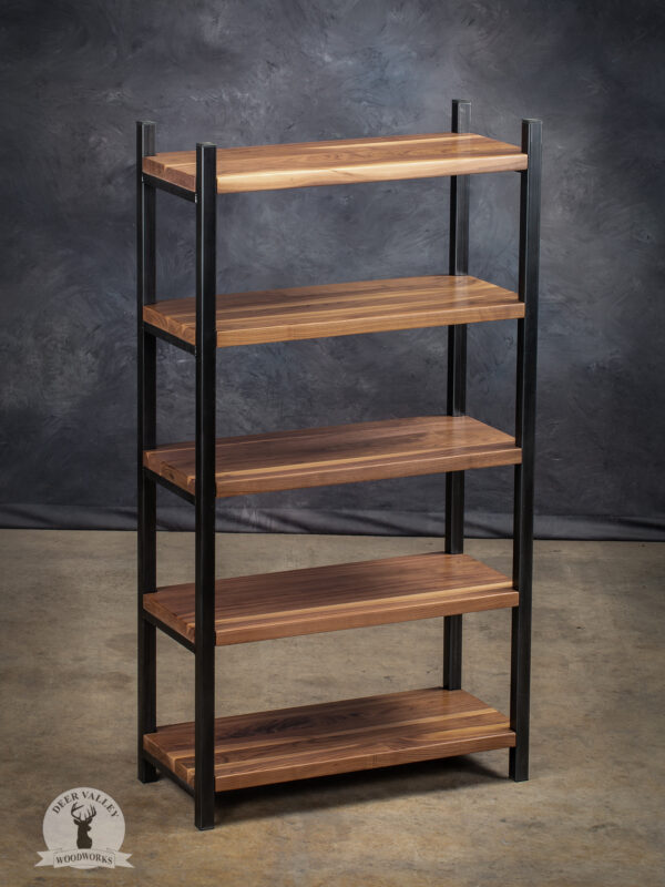 Free-standing walnut bookshelf with five heavy-duty shelves and antique blackened welded steel frame.