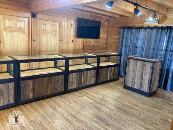 Rustic barnwood display cabinets and checkout counter